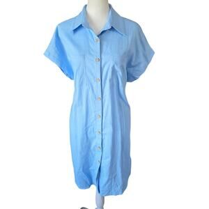Women’s Blue Linen Blend Shirt Dress Size S Short Sleeve Button Front Casual